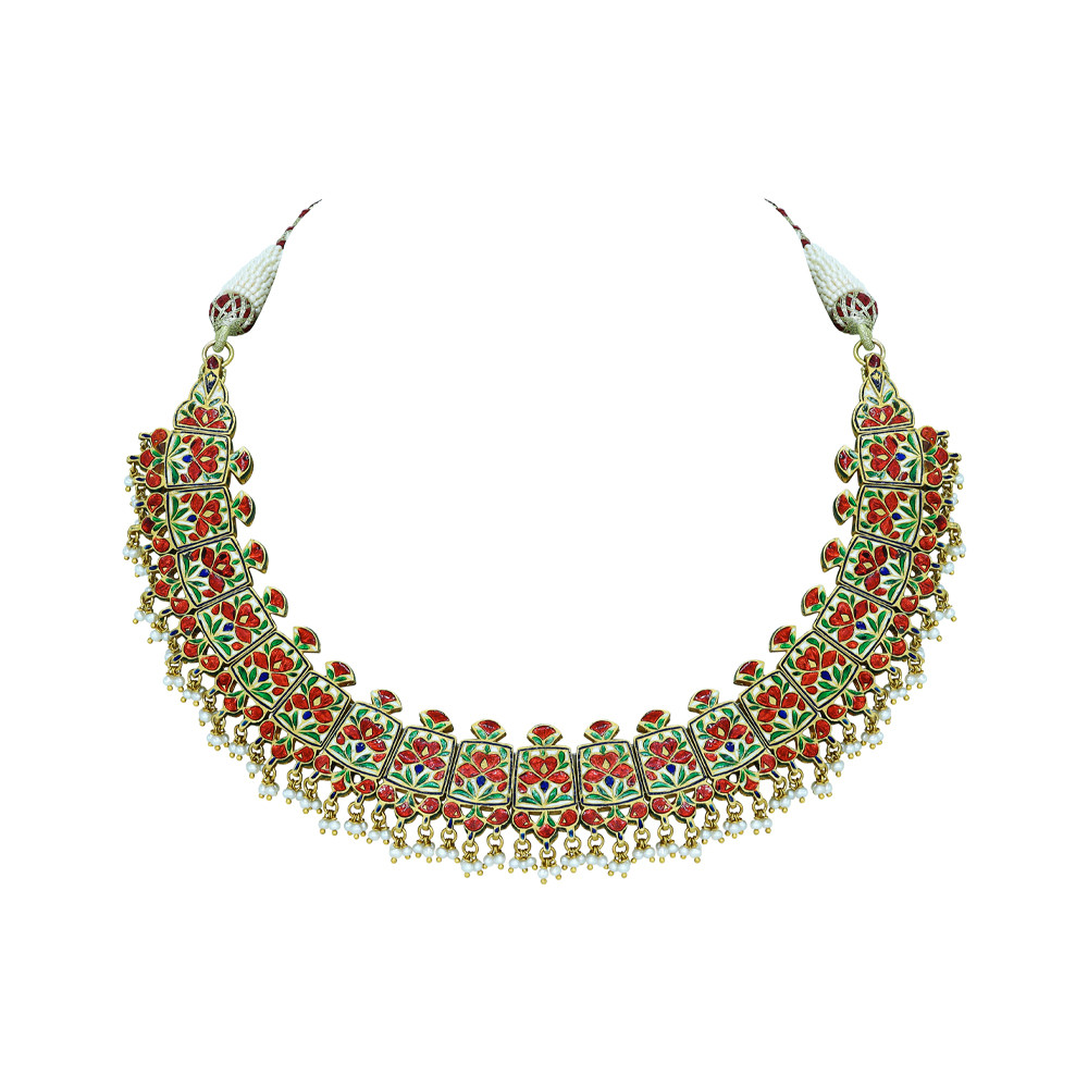 Red Enamel Polki Necklace with Floral Motifs and Cheed Pearls